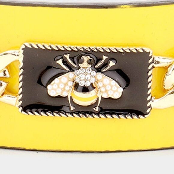 Pearl Honey Bee Yellow Enamel Chain Cuff Bracelet - Picture 3 of 6